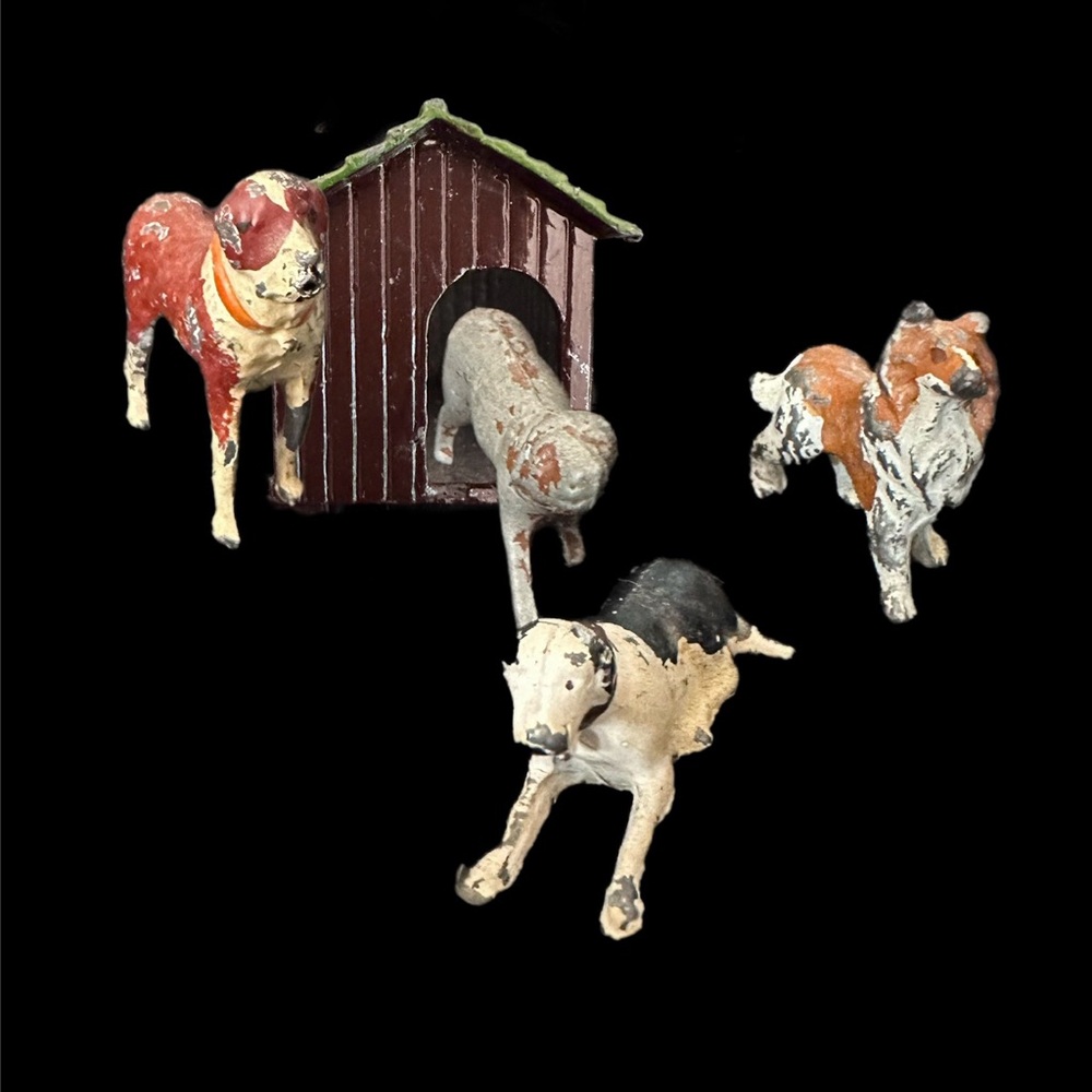 Vintage Antique Dogs and Dog House Lead Miniature Toys by Britains LTD, England